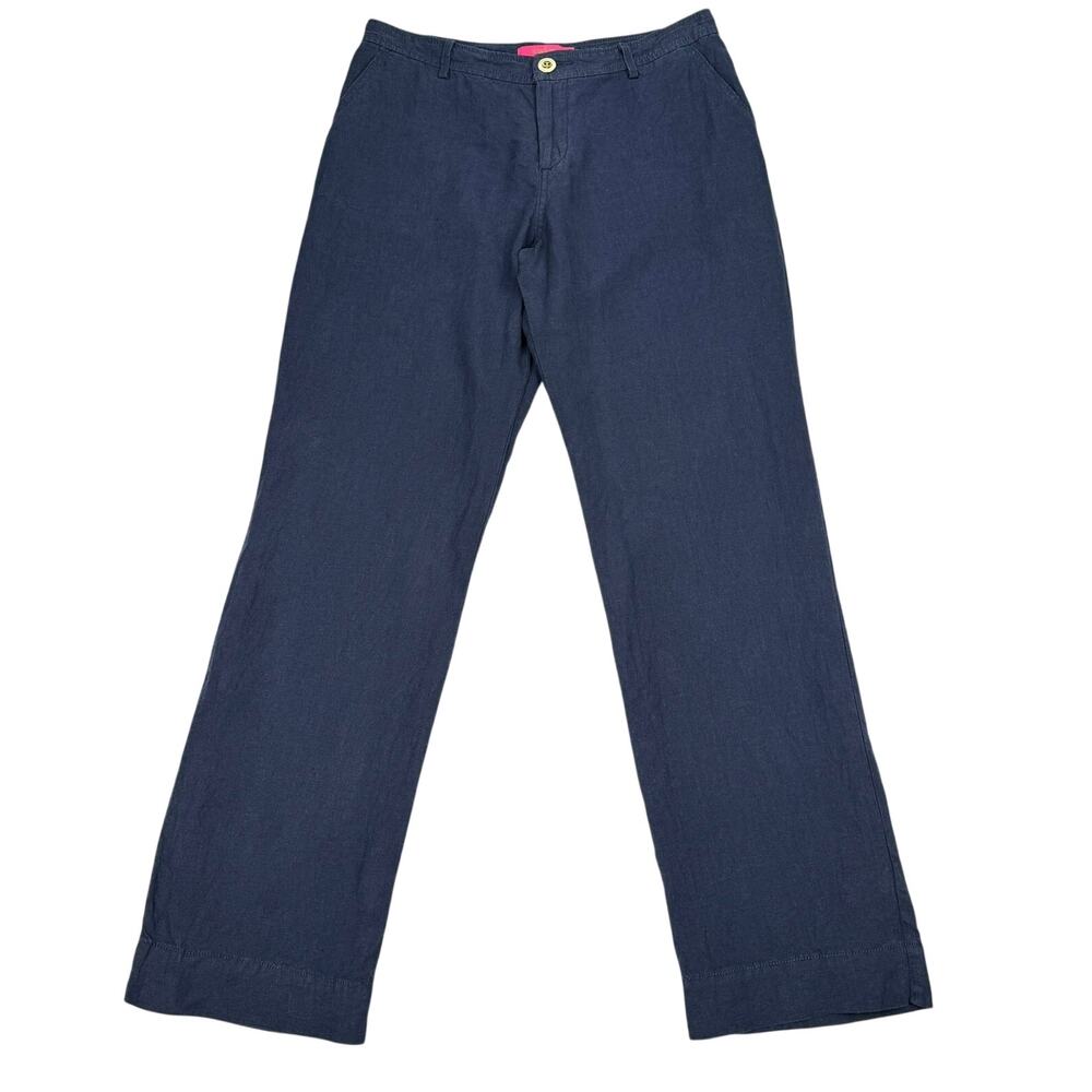 Lilly Pulitzer Navy Linen Straight Leg Pants Summer Coastal Resortwear Size 6
